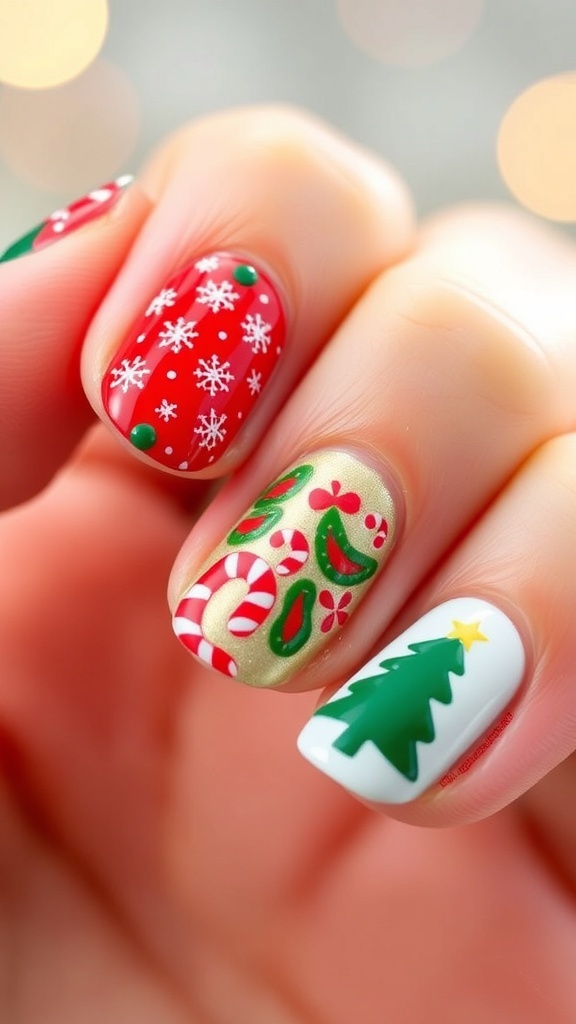 Close-up of short Christmas-themed nails with festive designs.